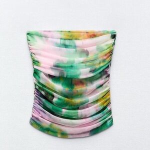 NWOT Zara Pink and Green Strapless Ruched  Top